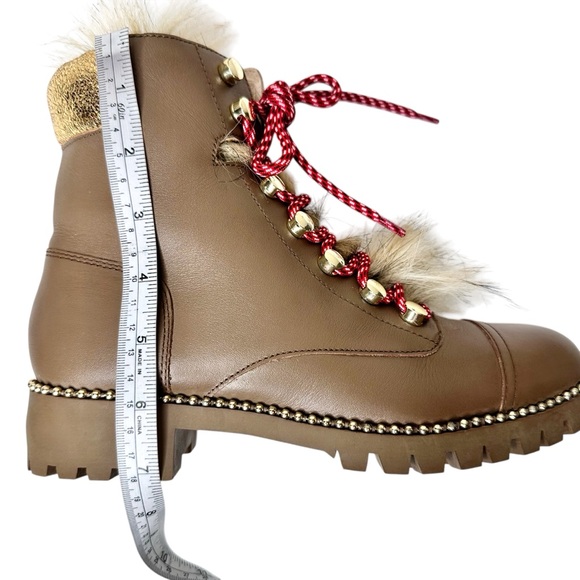 Cecelia New York Trekker Combat Boots Taupe Brown Tan Faux Fur Gold SZ 7.5 - Picture 12 of 16